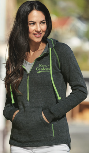 Kent Gardens LADIES 1/2 Zip Triblend Hooded Pullover Sweatshirt - Grey/Green.